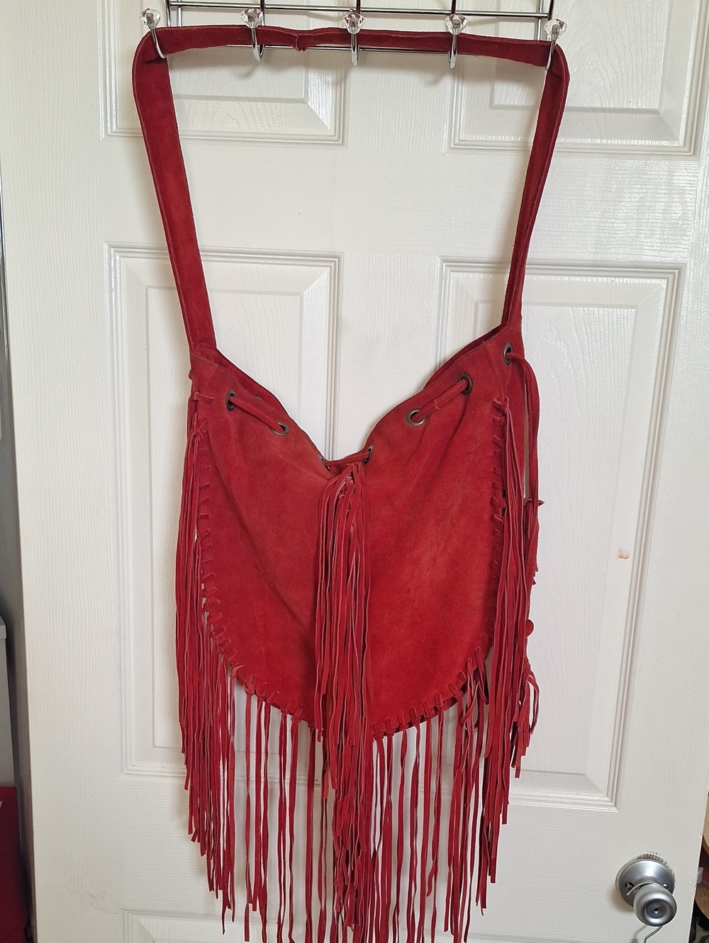 Red Suede Fringe Shoulder Bag - Women